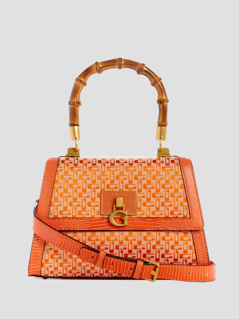 Guess Stephi Bamboo Fold-Over Satchel - Orange Logo Guess Stephi Bamboo Fold-Over Satchel - Orange Logo