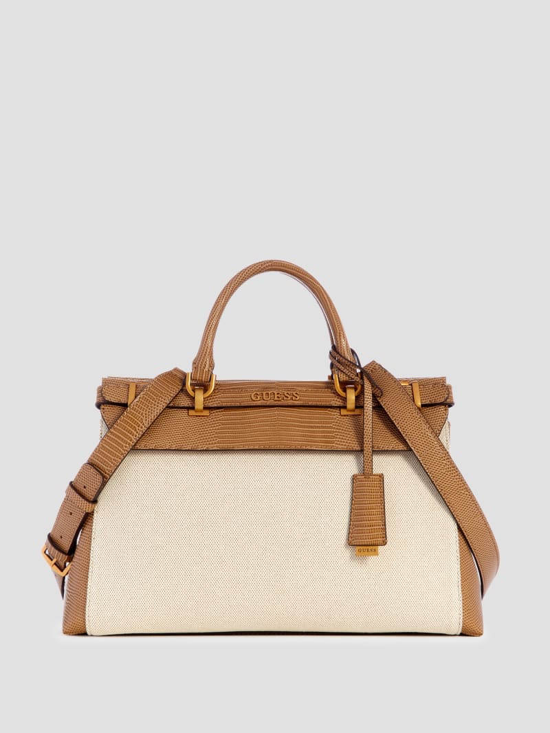 Guess Sestri Canvas Luxury Satchel - Natural/Camel Guess Sestri Canvas Luxury Satchel - Natural/Camel