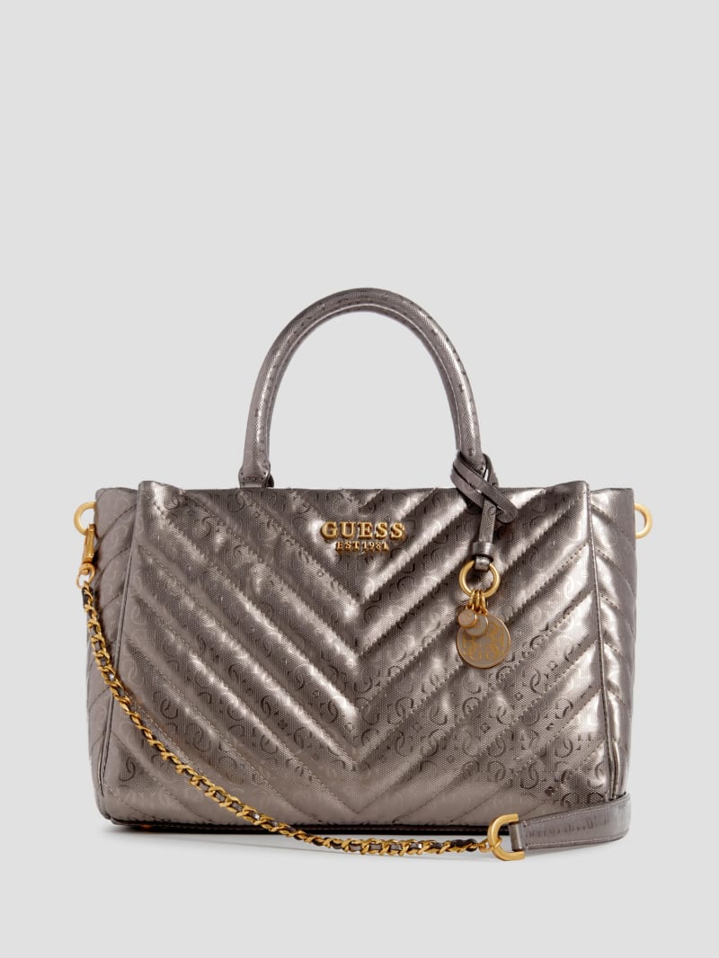 Guess Jania Metallic Quilted Society Satchel - Pewter Guess Jania Metallic Quilted Society Satchel - Pewter