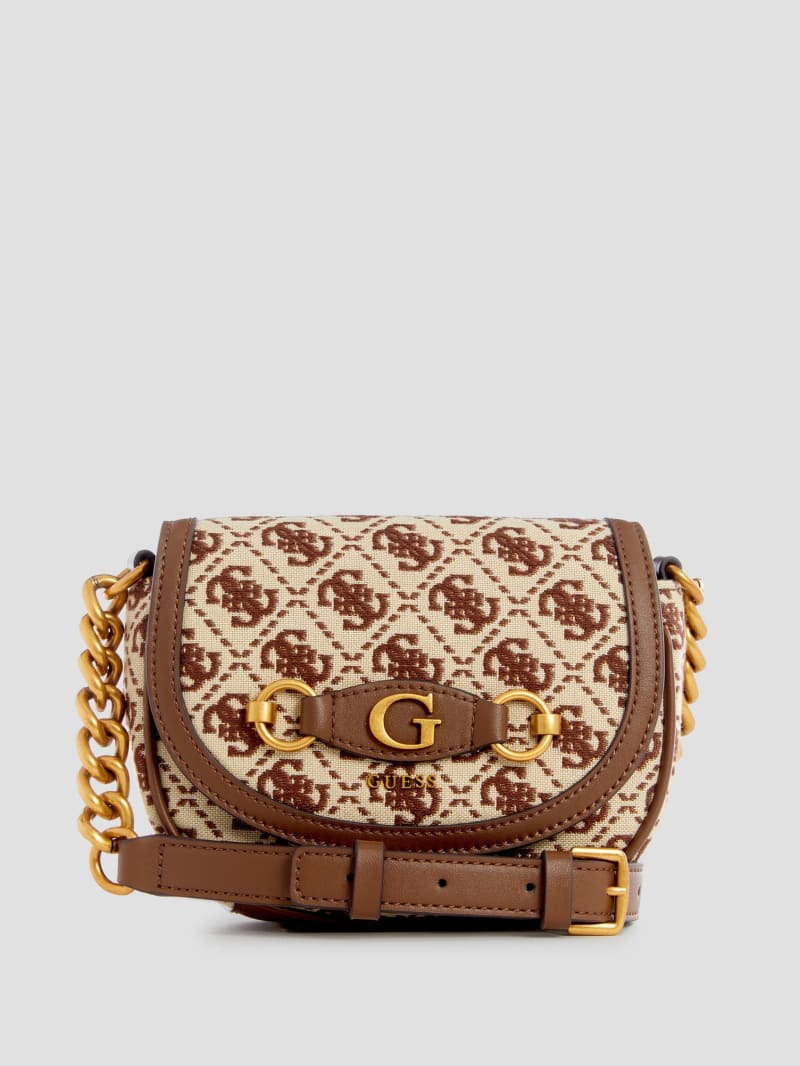 Guess Izzy Jacquard Logo Mini Crossbody - Brown Multi Guess Izzy Jacquard Logo Mini Crossbody - Brown Multi