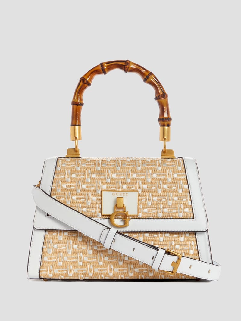Guess Stephi Straw Logo Bamboo Fold-Over Satchel - White Multi Guess Stephi Straw Logo Bamboo Fold-Over Satchel - White Multi