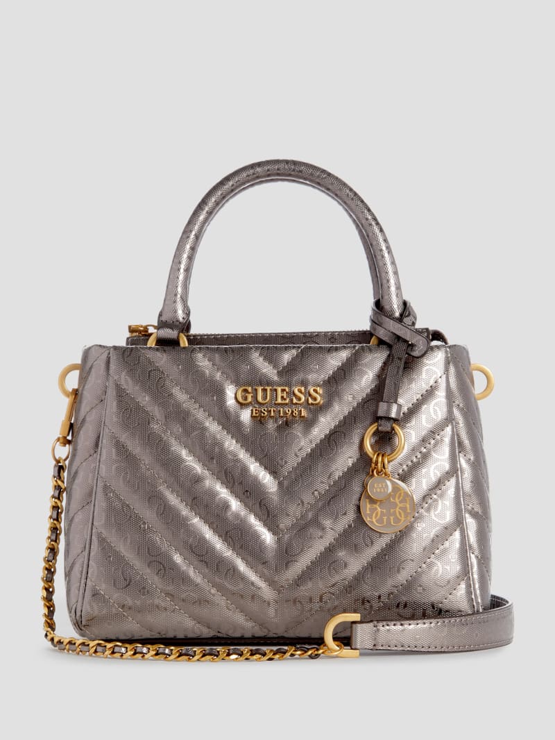 Guess Jania Metallic Quilted Small Girlfriend Satchel - Pewter Guess Jania Metallic Quilted Small Girlfriend Satchel - Pewter