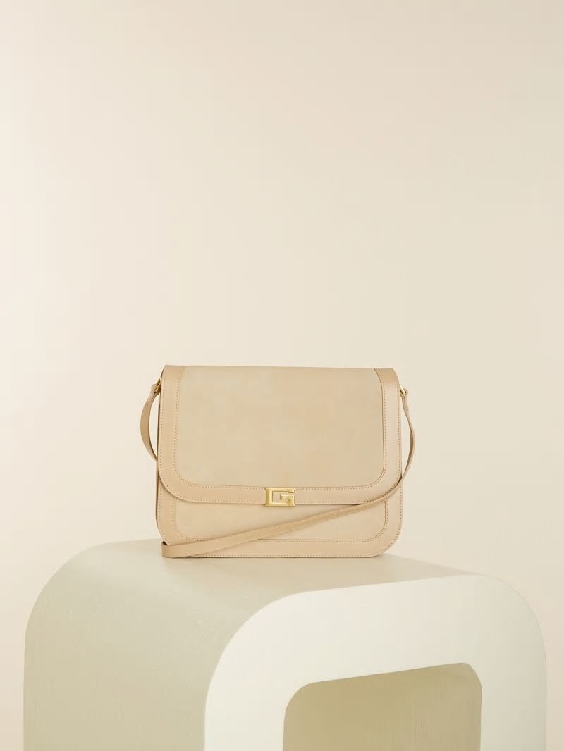 Guess Thea Medium Flap Leather Crossbody - Beige Overflow Guess Thea Medium Flap Leather Crossbody - Beige Overflow