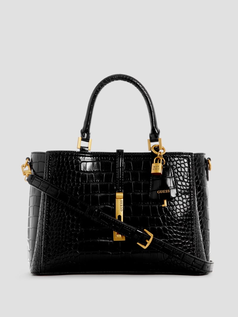 Guess James Croc Girlfriend Satchel - Black Floral Print Guess James Croc Girlfriend Satchel - Black Floral Print