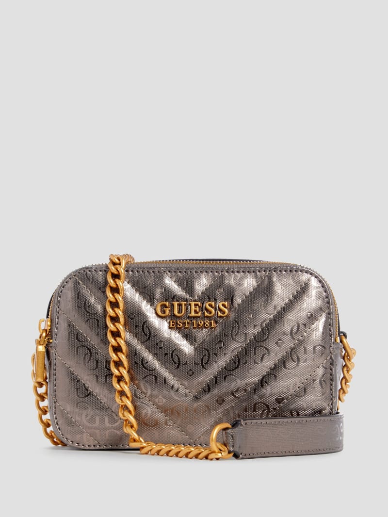 Guess Jania Metallic Quilted Camera Crossbody - Pewter Guess Jania Metallic Quilted Camera Crossbody - Pewter