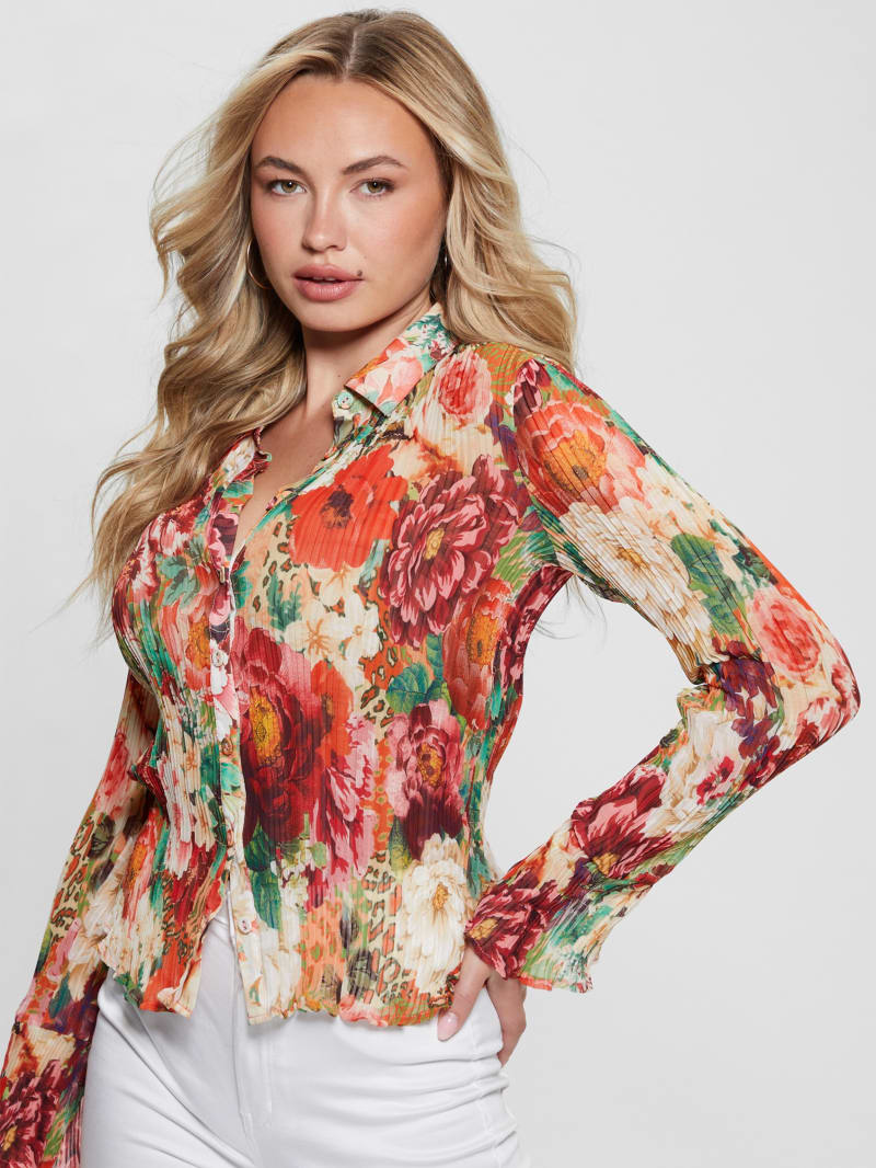 Guess Eco Vivenne Plisse Button-Up Top - Peony Animal Print Guess Eco Vivenne Plisse Button-Up Top - Peony Animal Print