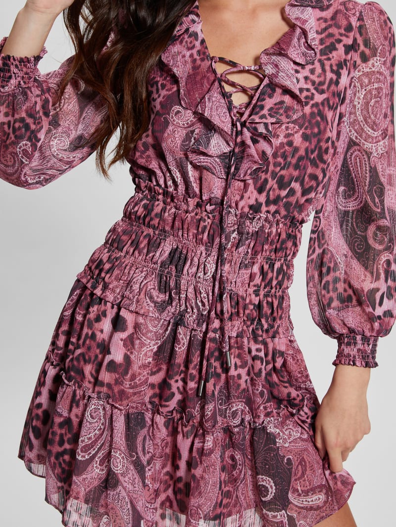 Guess Eco Lucy Lace-Up Flared Dress - Purple Kashmir Print Guess Eco Lucy Lace-Up Flared Dress - Purple Kashmir Print