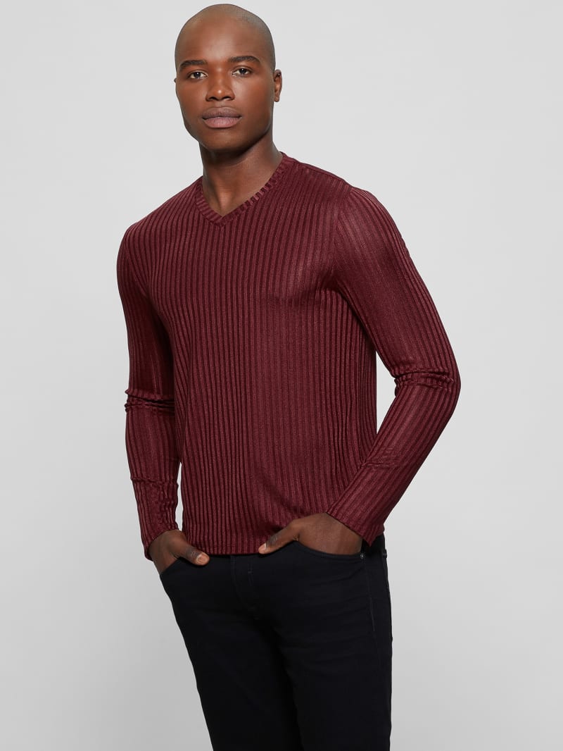Guess Warehouse V-Neck Knit Tee - Red Noir Guess Warehouse V-Neck Knit Tee - Red Noir