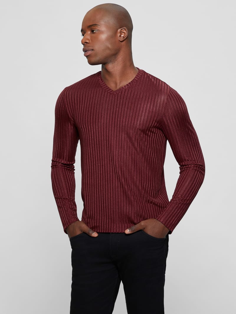 Guess Warehouse V-Neck Knit Tee - Red Noir Guess Warehouse V-Neck Knit Tee - Red Noir