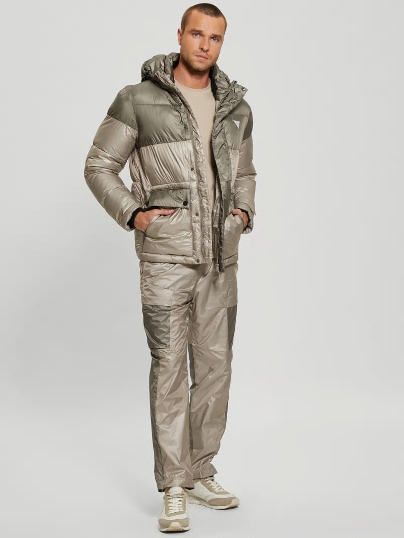 Guess Wilfred Hooded Long Puffer Jacket - Pasadena With Green Block Guess Wilfred Hooded Long Puffer Jacket - Pasadena With Green Block