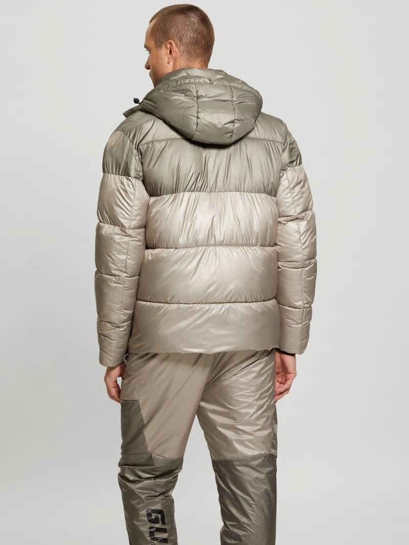 Guess Wilfred Hooded Long Puffer Jacket - Pasadena With Green Block Guess Wilfred Hooded Long Puffer Jacket - Pasadena With Green Block