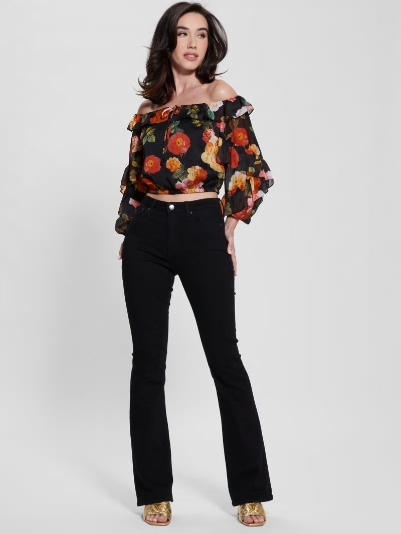 Guess Eco Shani Off-the-Shoulder Top - Peony Charm Print Black Guess Eco Shani Off-the-Shoulder Top - Peony Charm Print Black