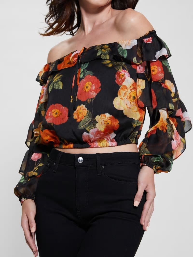 Guess Eco Shani Off-the-Shoulder Top - Peony Charm Print Black Guess Eco Shani Off-the-Shoulder Top - Peony Charm Print Black