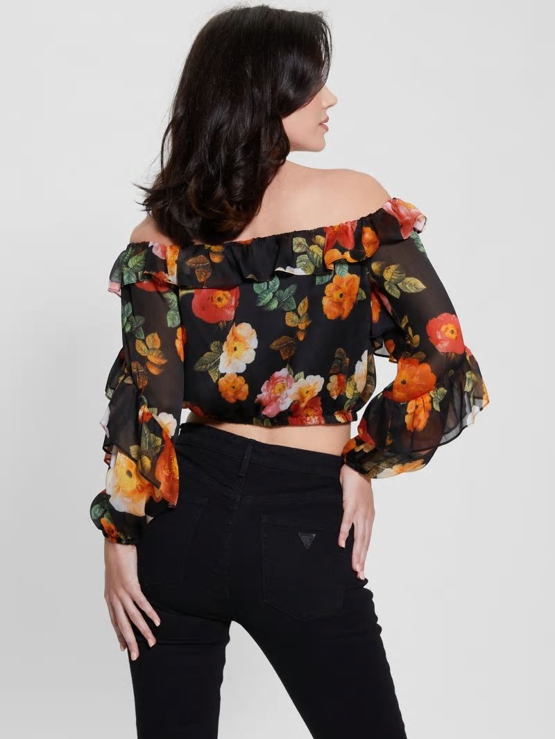 Guess Eco Shani Off-the-Shoulder Top - Peony Charm Print Black Guess Eco Shani Off-the-Shoulder Top - Peony Charm Print Black