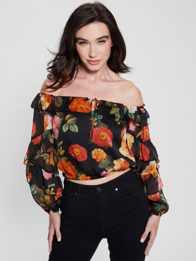 Guess Eco Shani Off-the-Shoulder Top - Peony Charm Print Black Guess Eco Shani Off-the-Shoulder Top - Peony Charm Print Black