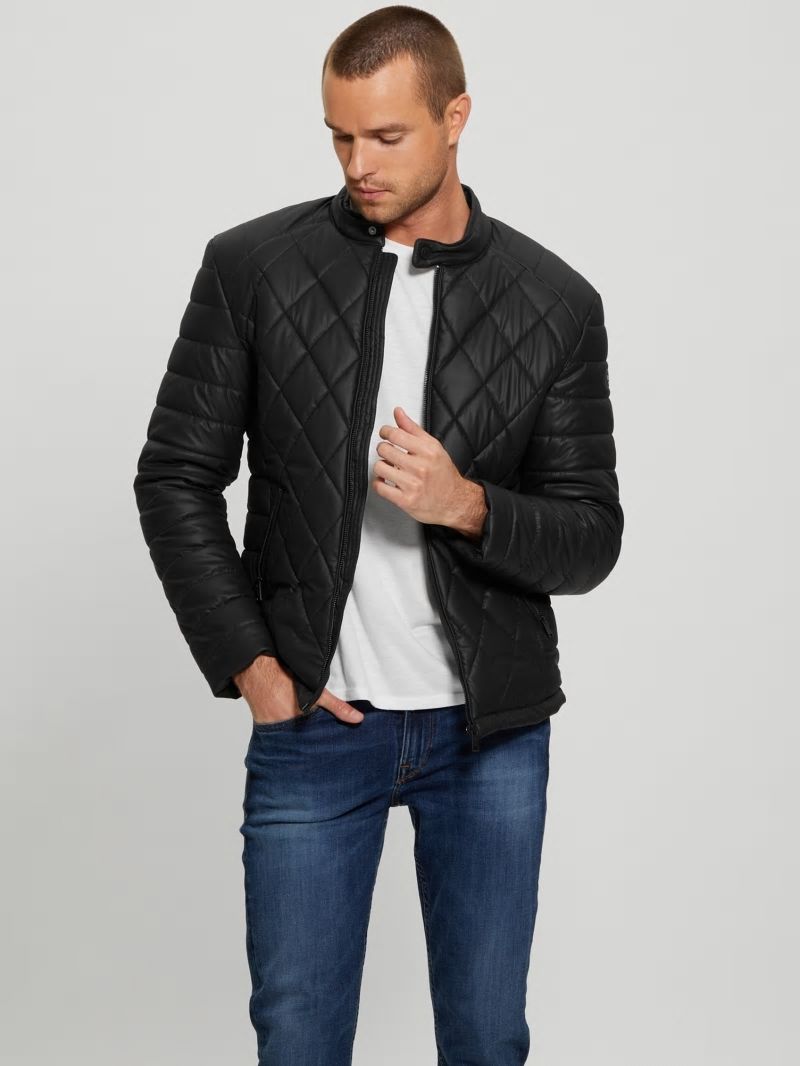 Guess Diamond Quilted Faux-Leather Jacket - Black Guess Diamond Quilted Faux-Leather Jacket - Black