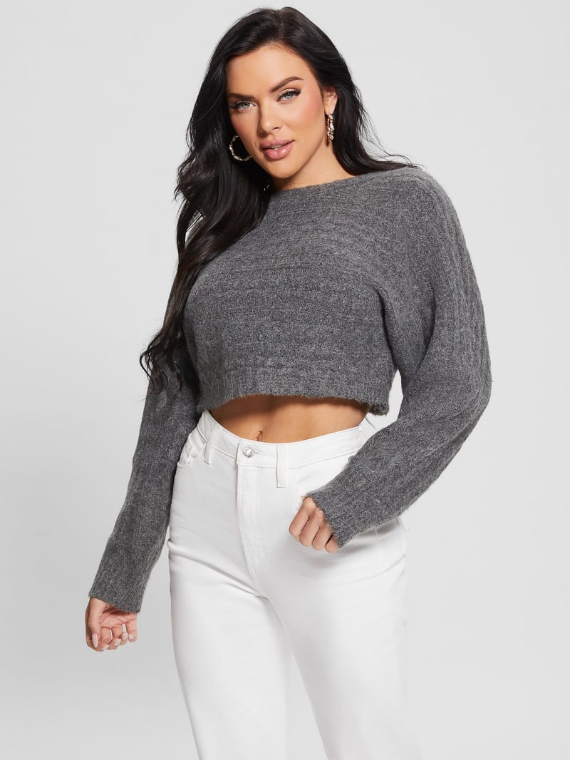 Guess Taira Cable-Knit Cropped Sweater - Dark Coal Heather Guess Taira Cable-Knit Cropped Sweater - Dark Coal Heather
