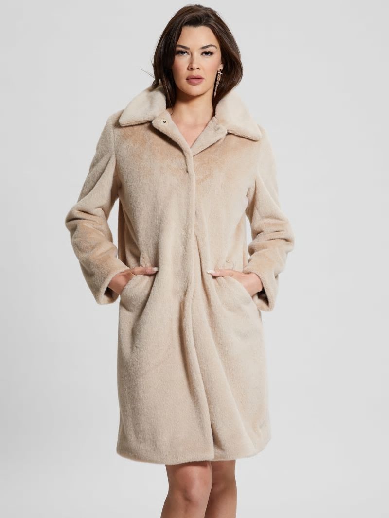 Guess Simmone Faux-Fur Coat - Foamy Taupe Multi Guess Simmone Faux-Fur Coat - Foamy Taupe Multi
