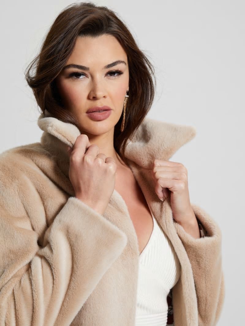Guess Simmone Faux-Fur Coat - Foamy Taupe Multi Guess Simmone Faux-Fur Coat - Foamy Taupe Multi