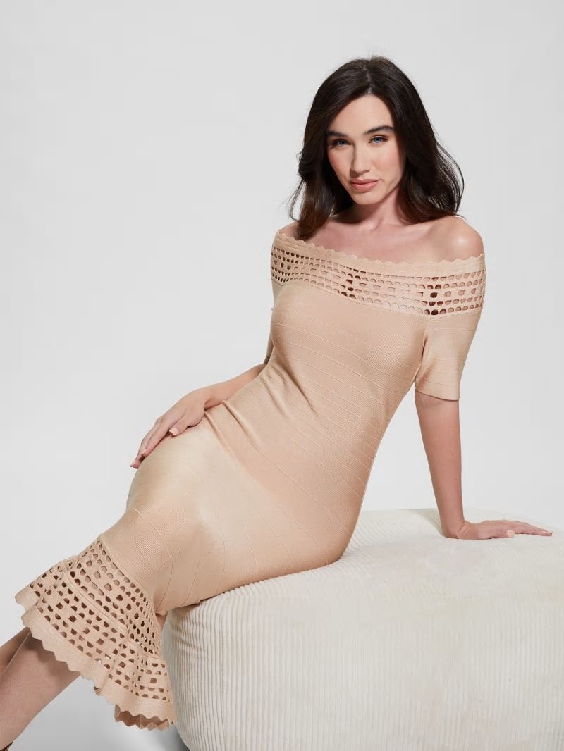 Guess Gabriela Off-the-Shoulder Bandage Dress - Foamy Taupe Multi Guess Gabriela Off-the-Shoulder Bandage Dress - Foamy Taupe Multi