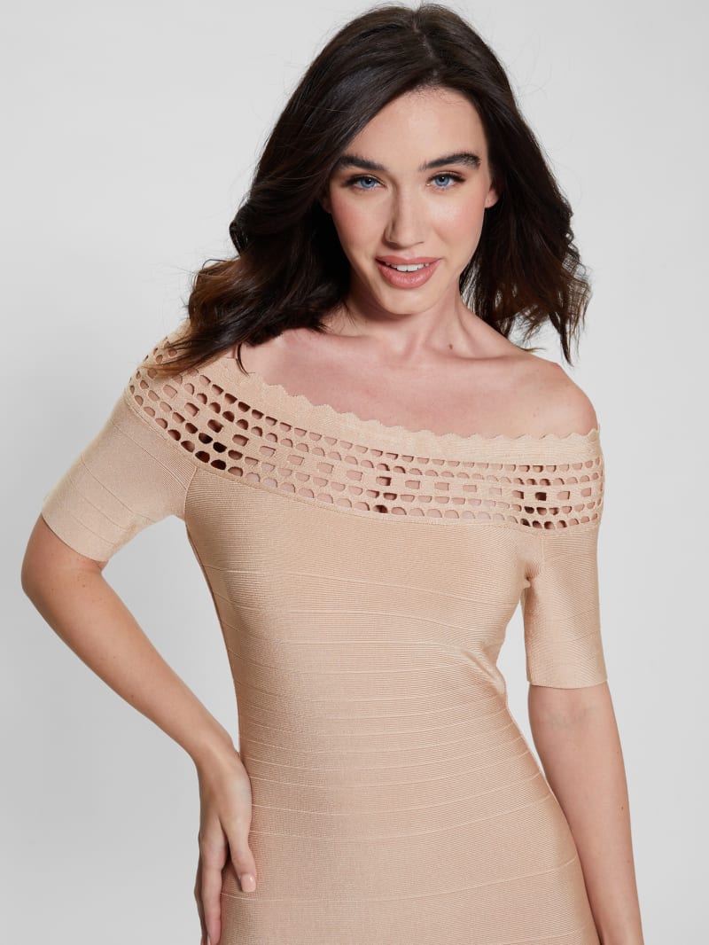 Guess Gabriela Off-the-Shoulder Bandage Dress - Foamy Taupe Multi Guess Gabriela Off-the-Shoulder Bandage Dress - Foamy Taupe Multi