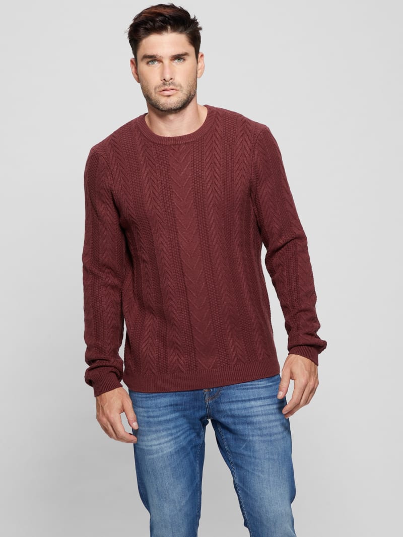 Guess Eco Ethan Cable Knit Sweater - Burgundy Shade Guess Eco Ethan Cable Knit Sweater - Burgundy Shade