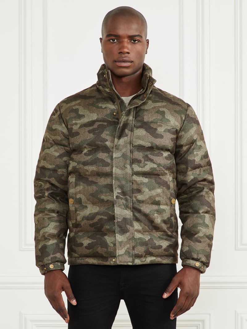 Guess Hooded Puffer Jacket - Camou Herringbone Melange Guess Hooded Puffer Jacket - Camou Herringbone Melange