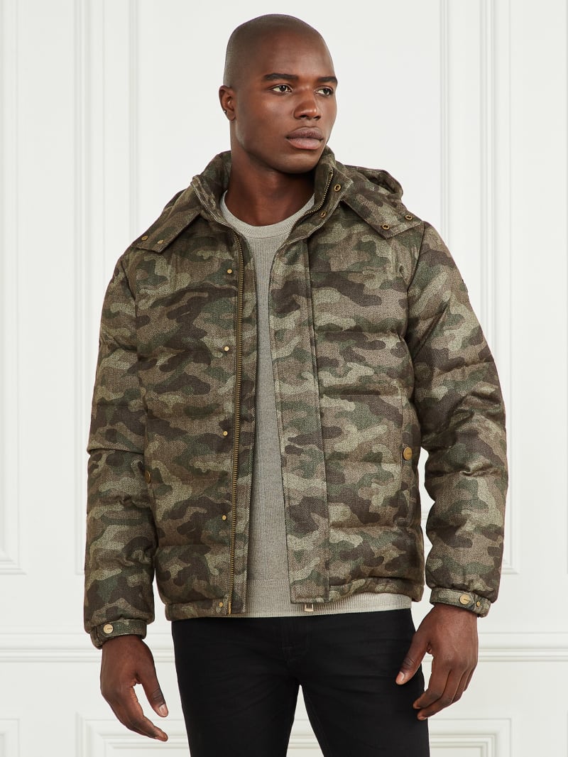 Guess Hooded Puffer Jacket - Camou Herringbone Melange Guess Hooded Puffer Jacket - Camou Herringbone Melange