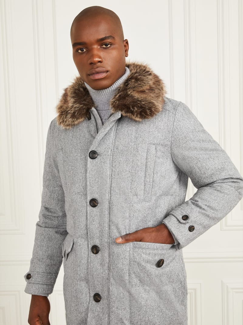 Guess Long Twill Jacket - Grey Herringbone Melange Guess Long Twill Jacket - Grey Herringbone Melange