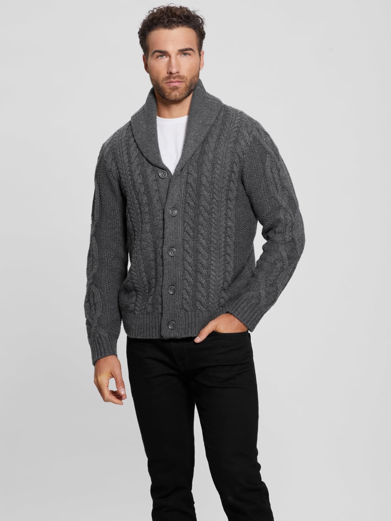 Guess Shane Celtic Cable-Knit Cardigan - Dark Coal Heather Guess Shane Celtic Cable-Knit Cardigan - Dark Coal Heather