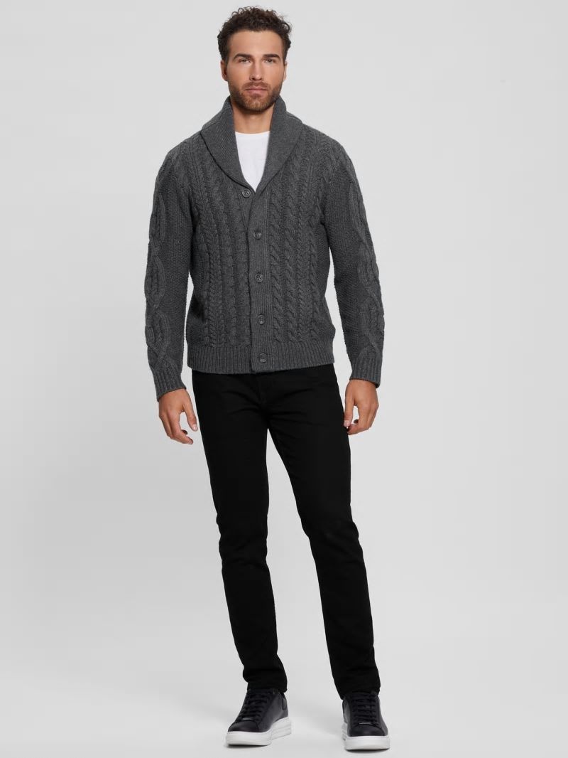 Guess Shane Celtic Cable-Knit Cardigan - Dark Coal Heather Guess Shane Celtic Cable-Knit Cardigan - Dark Coal Heather
