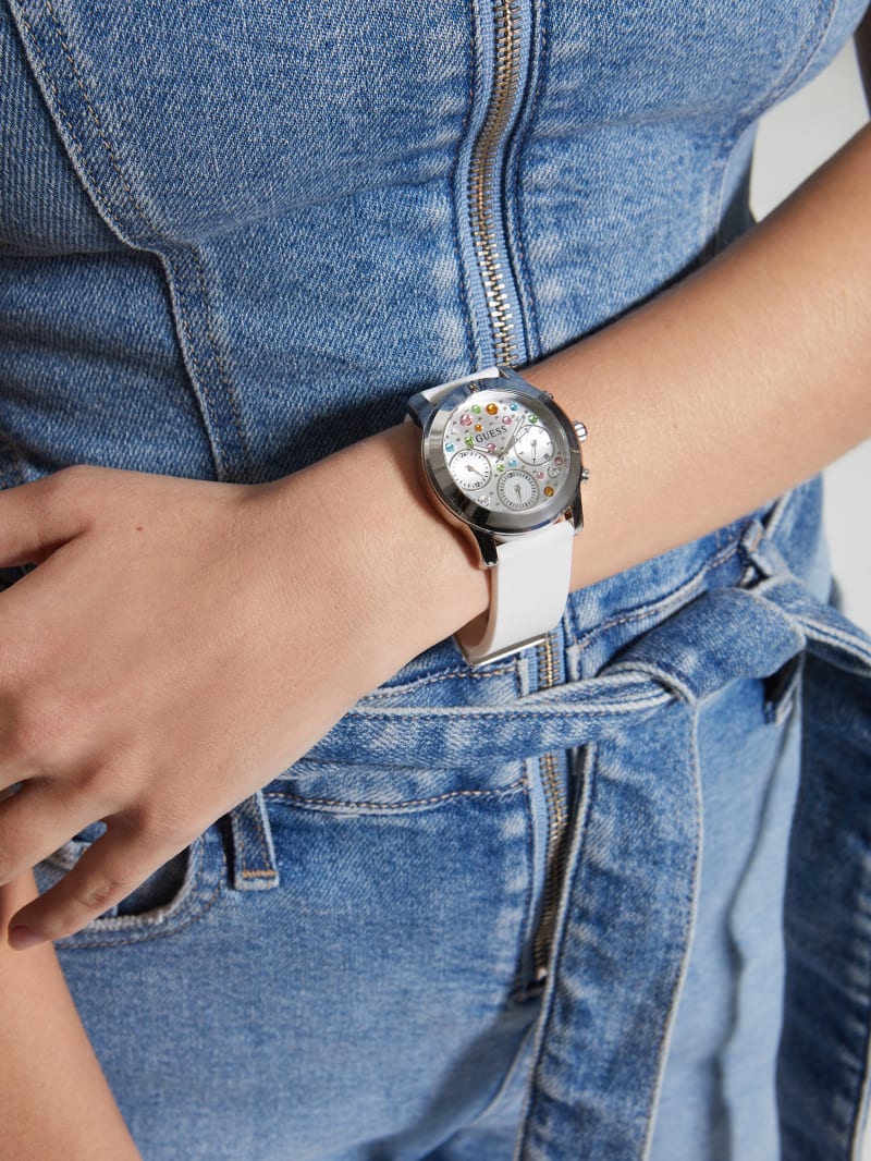 Guess Silver-Tone and White Colored Crystal Multifunction Watch - White Multi Guess Silver-Tone and White Colored Crystal Multifunction Watch - White Multi