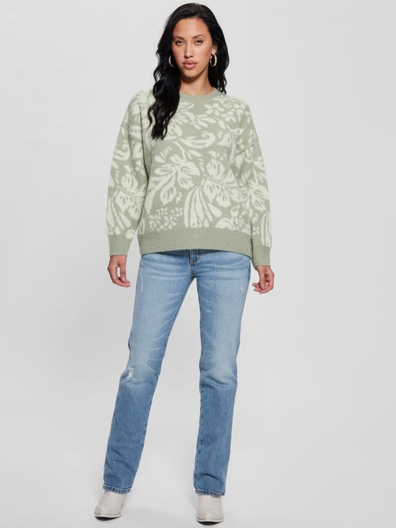 Guess Hibiscus Wool-Blend Sweater - Folk Floral Print Dove Wh Guess Hibiscus Wool-Blend Sweater - Folk Floral Print Dove Wh