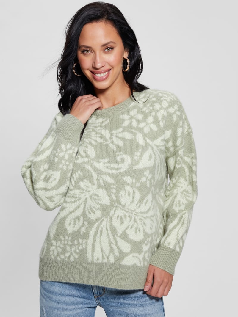 Guess Hibiscus Wool-Blend Sweater - Folk Floral Print Dove Wh Guess Hibiscus Wool-Blend Sweater - Folk Floral Print Dove Wh