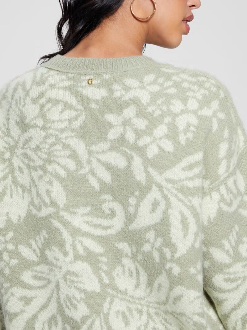 Guess Hibiscus Wool-Blend Sweater - Folk Floral Print Dove Wh Guess Hibiscus Wool-Blend Sweater - Folk Floral Print Dove Wh