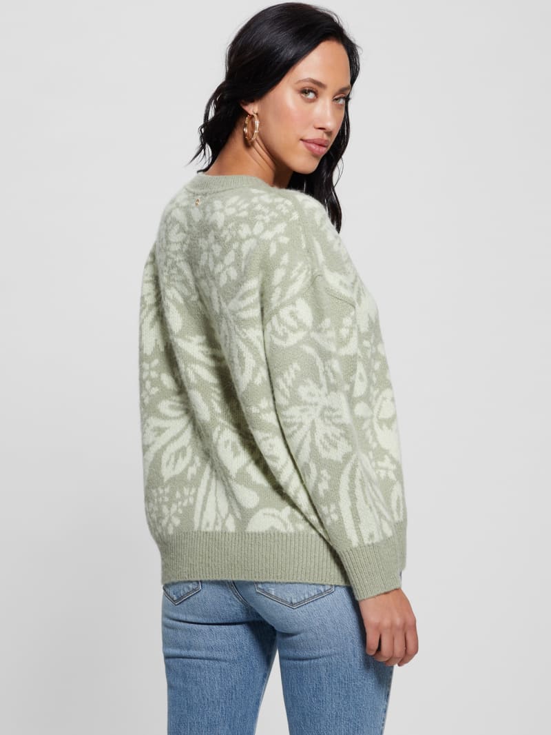 Guess Hibiscus Wool-Blend Sweater - Folk Floral Print Dove Wh Guess Hibiscus Wool-Blend Sweater - Folk Floral Print Dove Wh