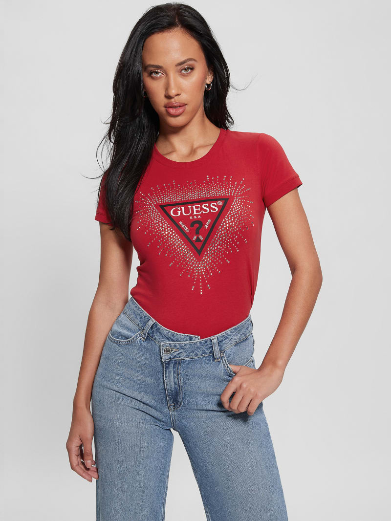 Guess Eco Signature Rhinestone Tee - Chili Red Guess Eco Signature Rhinestone Tee - Chili Red