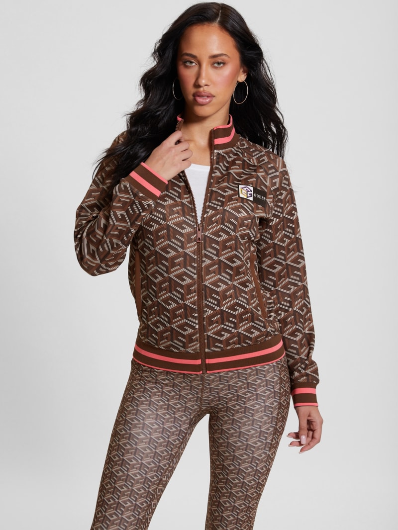 Guess Eco G-Cube Active Zip Sweatshirt - Stripe G-cube Brown Guess Eco G-Cube Active Zip Sweatshirt - Stripe G-cube Brown