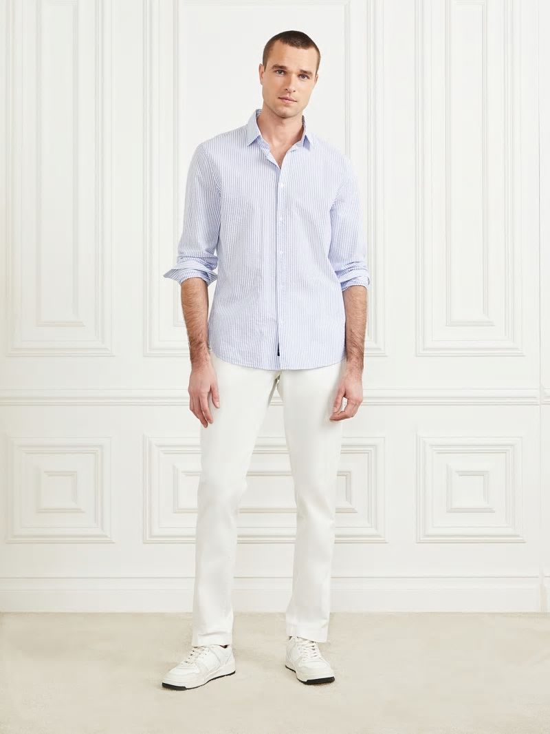 Guess Seersucker Italian Notched Cuff Shirt - Blue And White Stripes Guess Seersucker Italian Notched Cuff Shirt - Blue And White Stripes