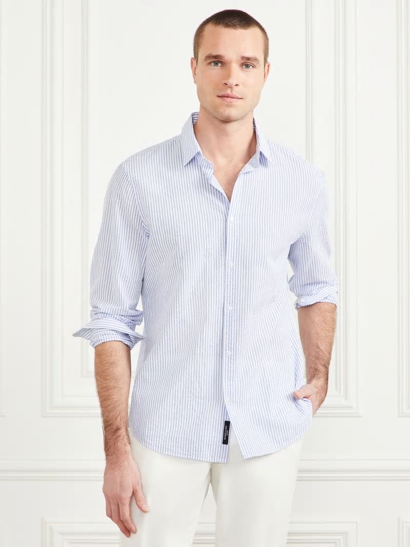 Guess Seersucker Italian Notched Cuff Shirt - Blue And White Stripes Guess Seersucker Italian Notched Cuff Shirt - Blue And White Stripes