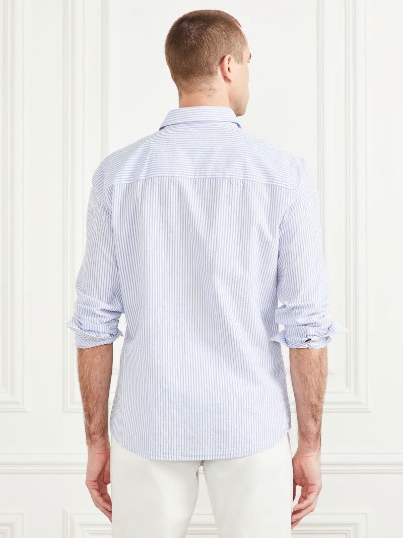 Guess Seersucker Italian Notched Cuff Shirt - Blue And White Stripes Guess Seersucker Italian Notched Cuff Shirt - Blue And White Stripes