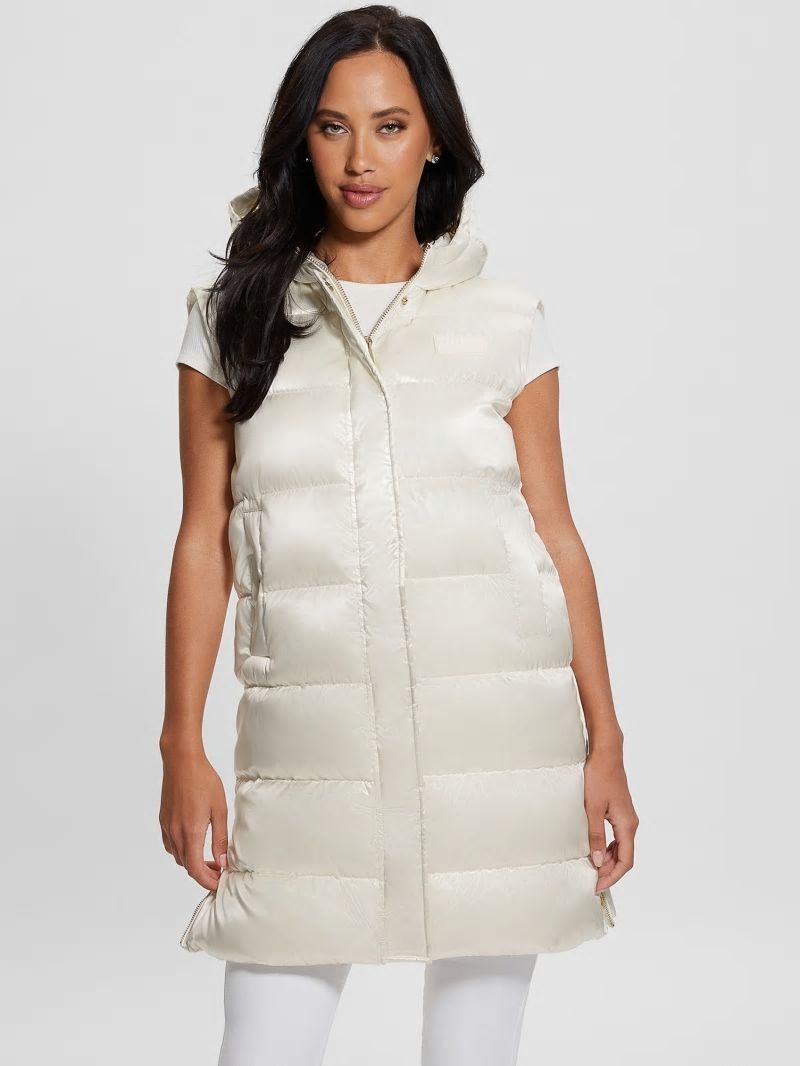 Guess Noemi Long Satin Puffer Vest - Cream White Multi Guess Noemi Long Satin Puffer Vest - Cream White Multi