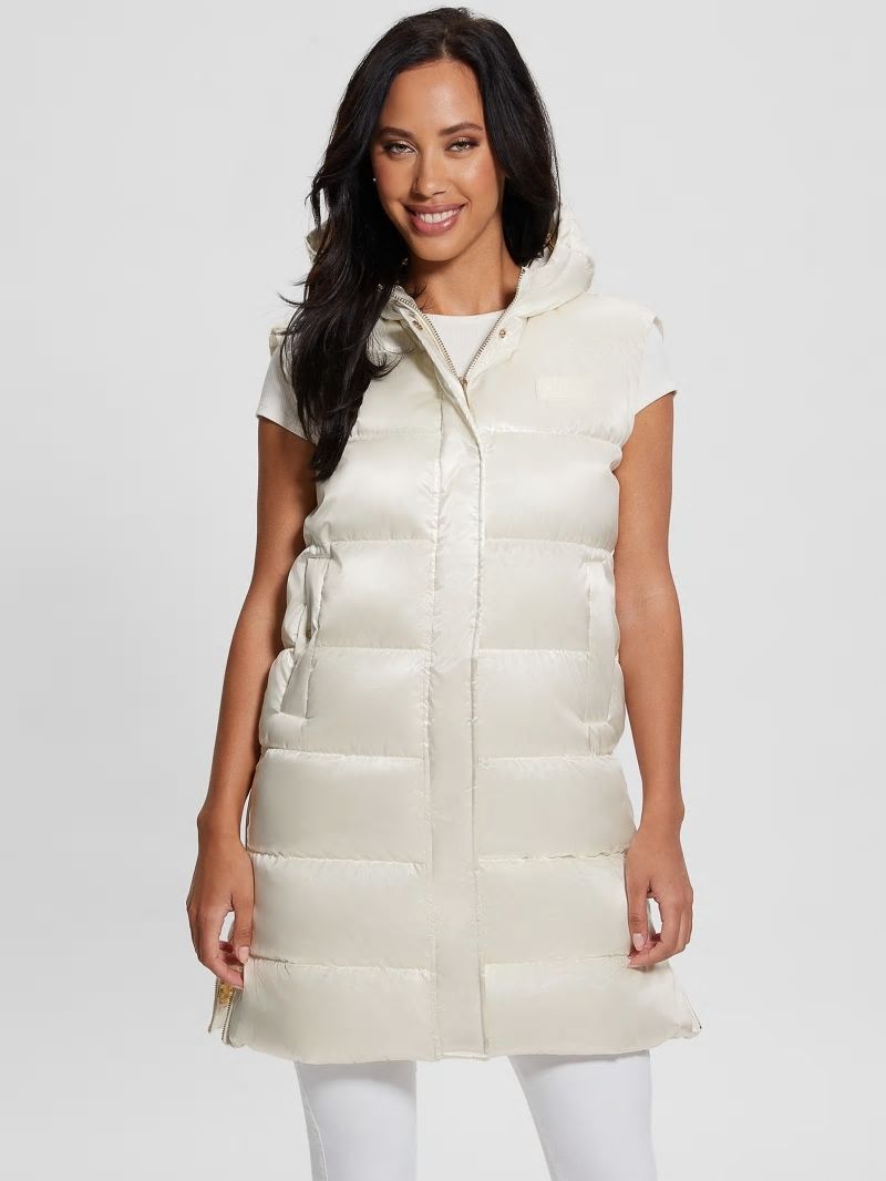 Guess Noemi Long Satin Puffer Vest - Cream White Multi Guess Noemi Long Satin Puffer Vest - Cream White Multi