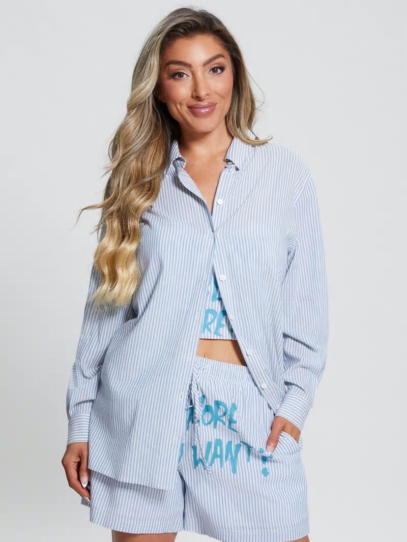 Guess Oversized Striped Slogan Shirt - All I Do Is Chambray Mult