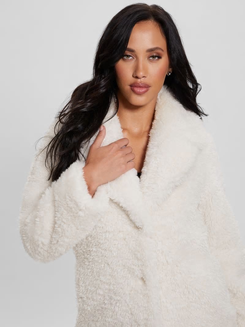 Guess Nives Faux-Fur Coat - Cream White Guess Nives Faux-Fur Coat - Cream White