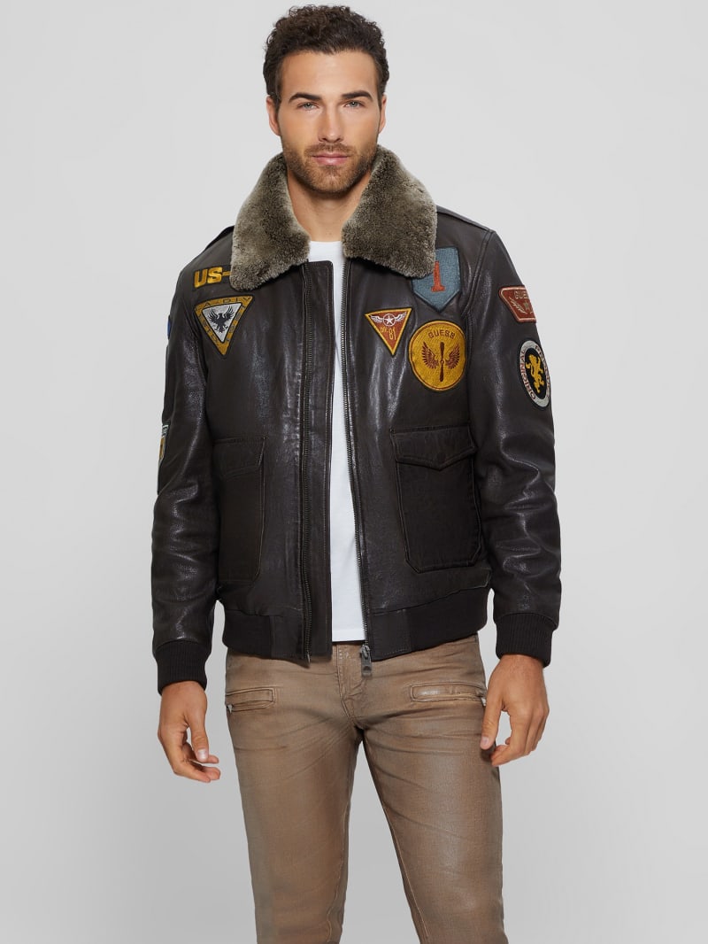 Guess Aviator Patched Leather Jacket - Brown Espresso Guess Aviator Patched Leather Jacket - Brown Espresso