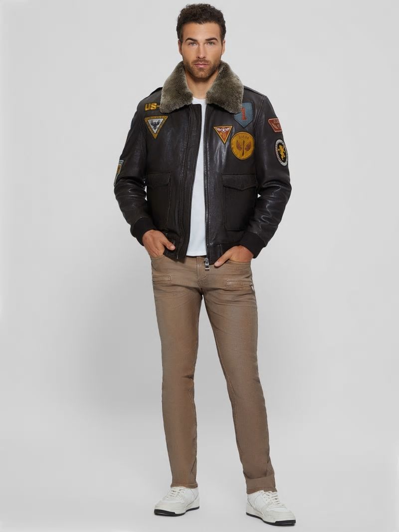 Guess Aviator Patched Leather Jacket - Brown Espresso Guess Aviator Patched Leather Jacket - Brown Espresso