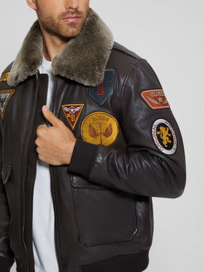 Guess Aviator Patched Leather Jacket - Brown Espresso Guess Aviator Patched Leather Jacket - Brown Espresso
