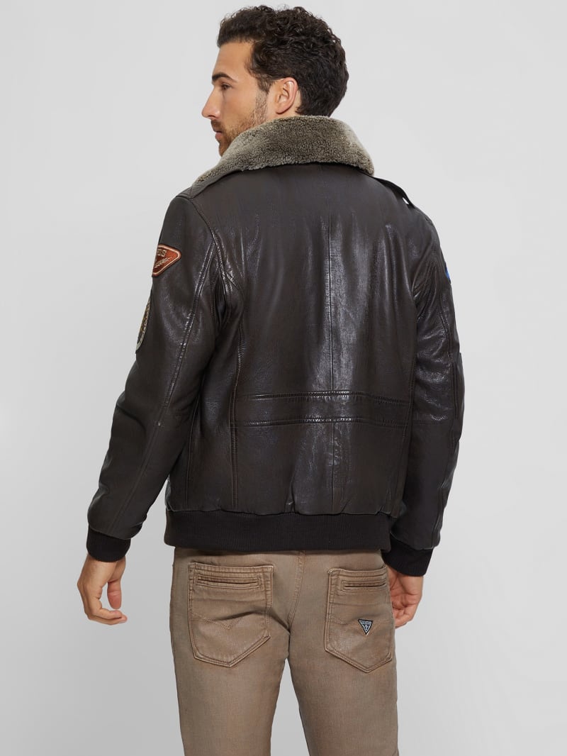 Guess Aviator Patched Leather Jacket - Brown Espresso Guess Aviator Patched Leather Jacket - Brown Espresso