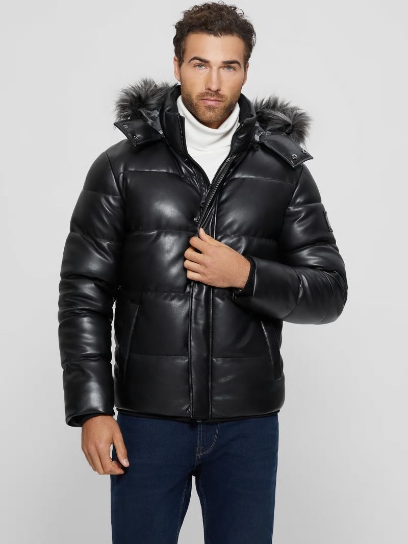 Guess Faux-Leather Hooded Puffer Jacket - Black Guess Faux-Leather Hooded Puffer Jacket - Black